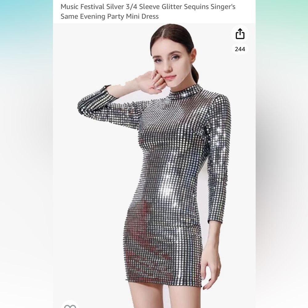 Retro disco sequins silver long sleeve mini dress